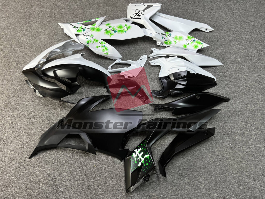 Kawasaki Ninja 400 custom ABS fairings 2018 - 2024 in Matte Black & White Green Cherry Blossom Split - durable replacement kit, Monster Fairings