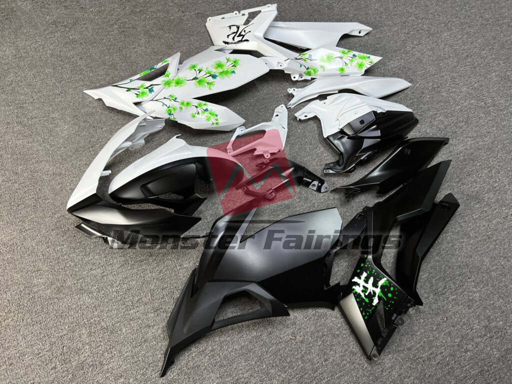 Matte Black & White Green Cherry Blossom Split ABS fairings for Kawasaki Ninja 400 2018 - 2024 - premium OEM fit kit by Monster Fairings