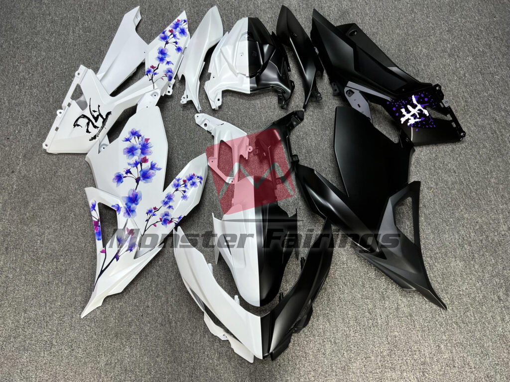 Kawasaki Ninja 400 2018 - 2024 Matte Black & White Purple Cherry Blossom Split ABS fairings - custom motorcycle bodywork kit by Monster Fairings