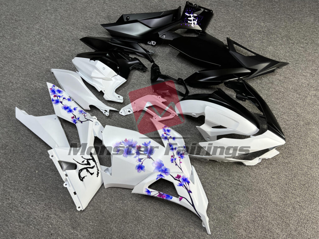 2018 - 2024 Kawasaki Ninja 400 Matte Black & White Purple Cherry Blossom Split fairing set - ABS injection, custom painted by Monster Fairings