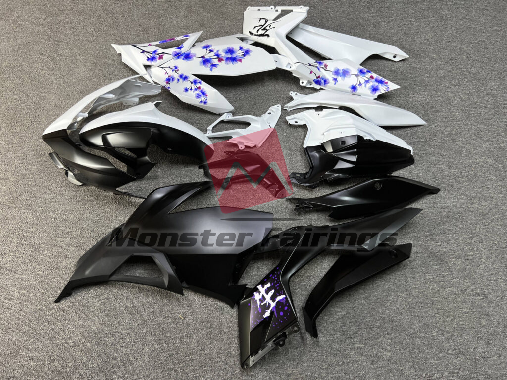 Kawasaki Ninja 400 custom ABS fairings 2018 - 2024 in Matte Black & White Purple Cherry Blossom Split - durable replacement kit, Monster Fairings