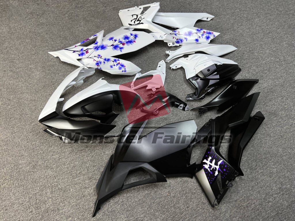 Matte Black & White Purple Cherry Blossom Split ABS fairings for Kawasaki Ninja 400 2018 - 2024 - premium OEM fit kit by Monster Fairings
