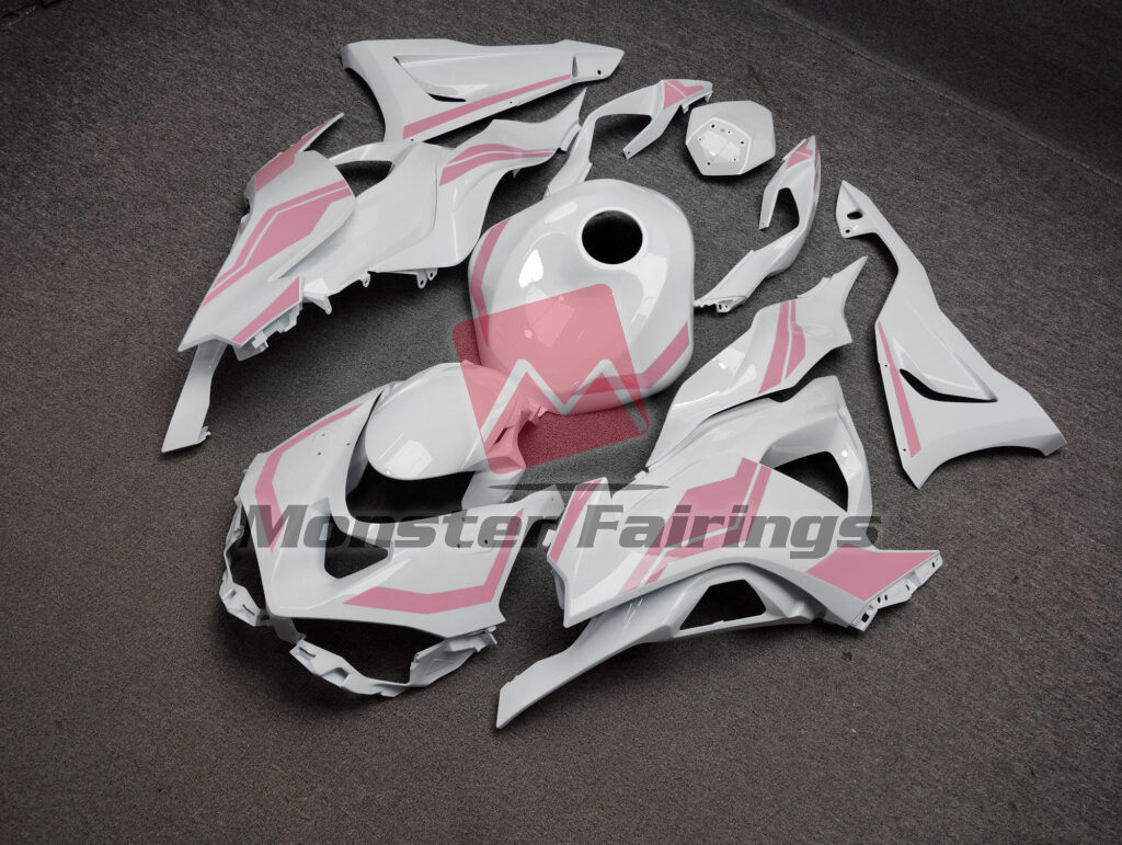 Kawasaki ZX6R custom ABS fairings 2024 - 2025 in Gloss White Baby Pink - durable replacement kit, Monster Fairings