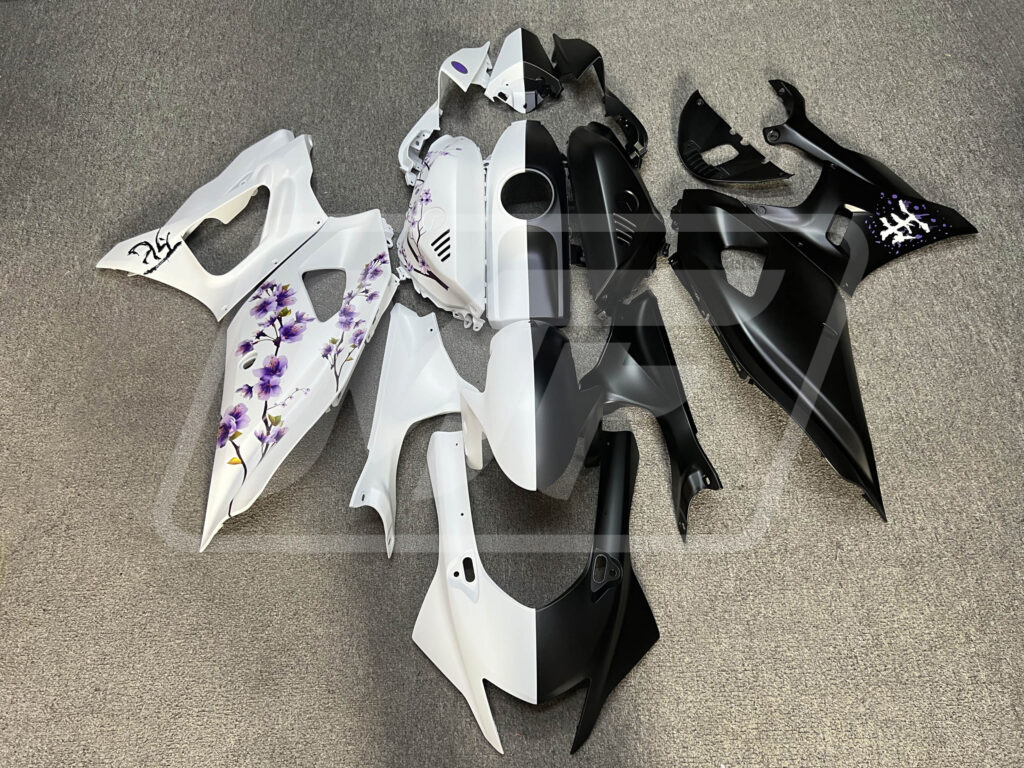 Yamaha R7 2021 - 2025 Matte Black & White Purple Cherry Blossom Split ABS fairings - custom motorcycle bodywork kit by Monster Fairings