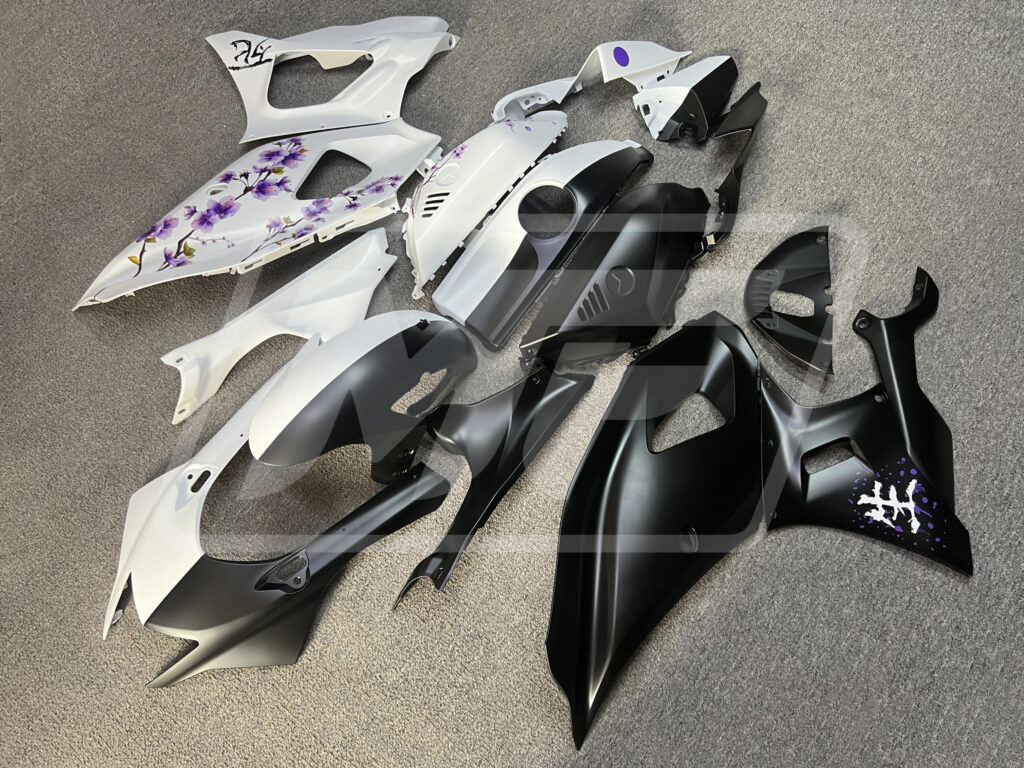 Matte Black & White Purple Cherry Blossom Split ABS fairings for Yamaha R7 2021 - 2025 - premium OEM fit kit by Monster Fairings