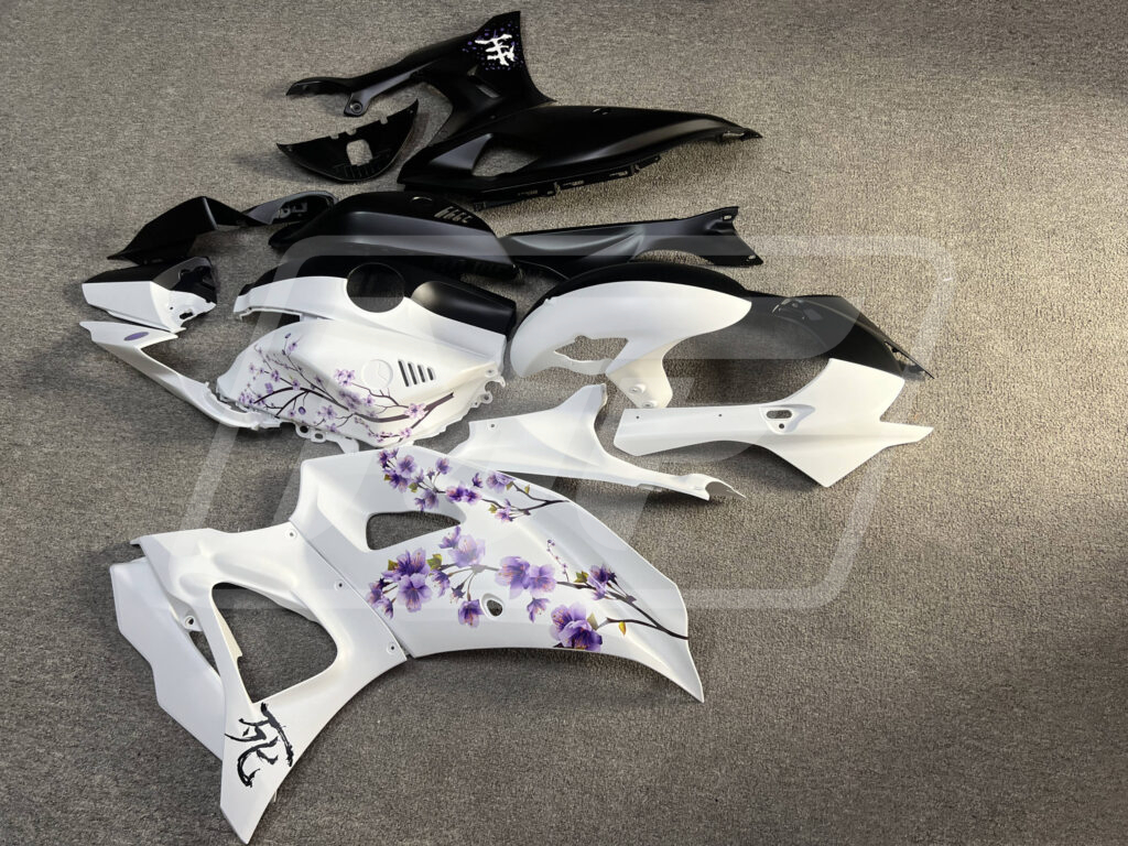 Yamaha R7 custom ABS fairings 2021 - 2025 in Matte Black & White Purple Cherry Blossom Split - durable replacement kit, Monster Fairings
