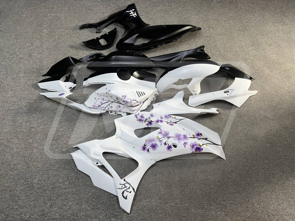 2021 - 2025 Yamaha R7 Matte Black & White Purple Cherry Blossom Split fairing set - ABS injection, custom painted by Monster Fairings
