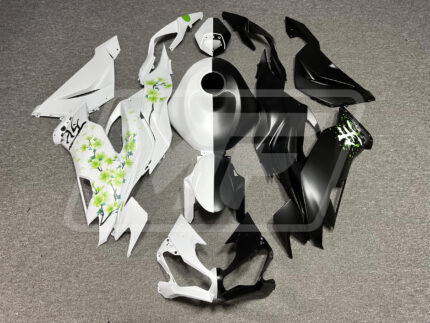 Kawasaki ZX6R 2019-2023 Matte Black & White Green Cherry Blossom Split ABS Fairings | Monster Fairings