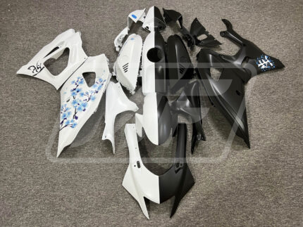 Yamaha R7 2021-2025 Matte Black & White Blue Cherry Blossom Split ABS Fairings | Monster Fairings
