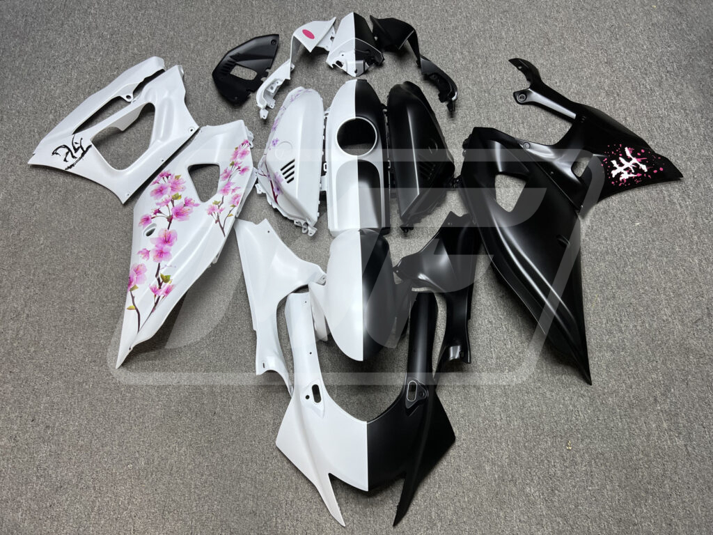 Yamaha R7 2021 - 2025 Matte Black & White Pink Cherry Blossom Split ABS fairings - custom motorcycle bodywork kit by Monster Fairings
