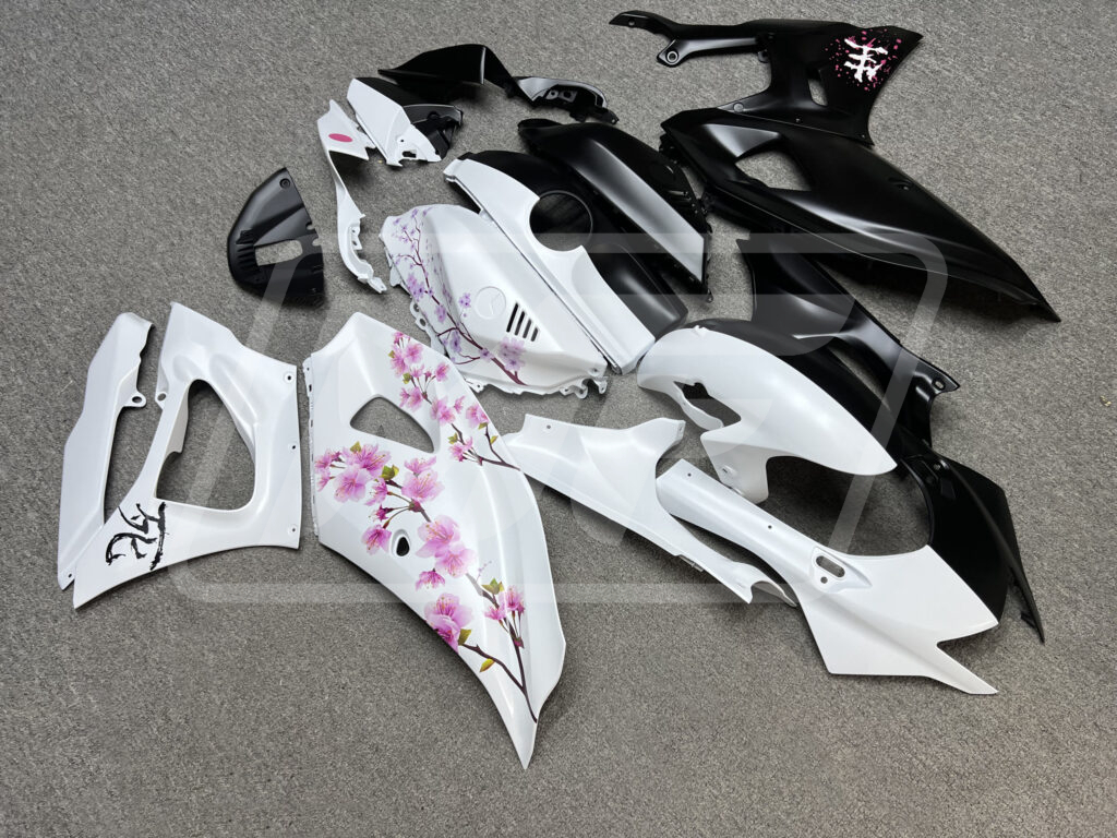 Matte Black & White Pink Cherry Blossom Split ABS fairings for Yamaha R7 2021 - 2025 - premium OEM fit kit by Monster Fairings