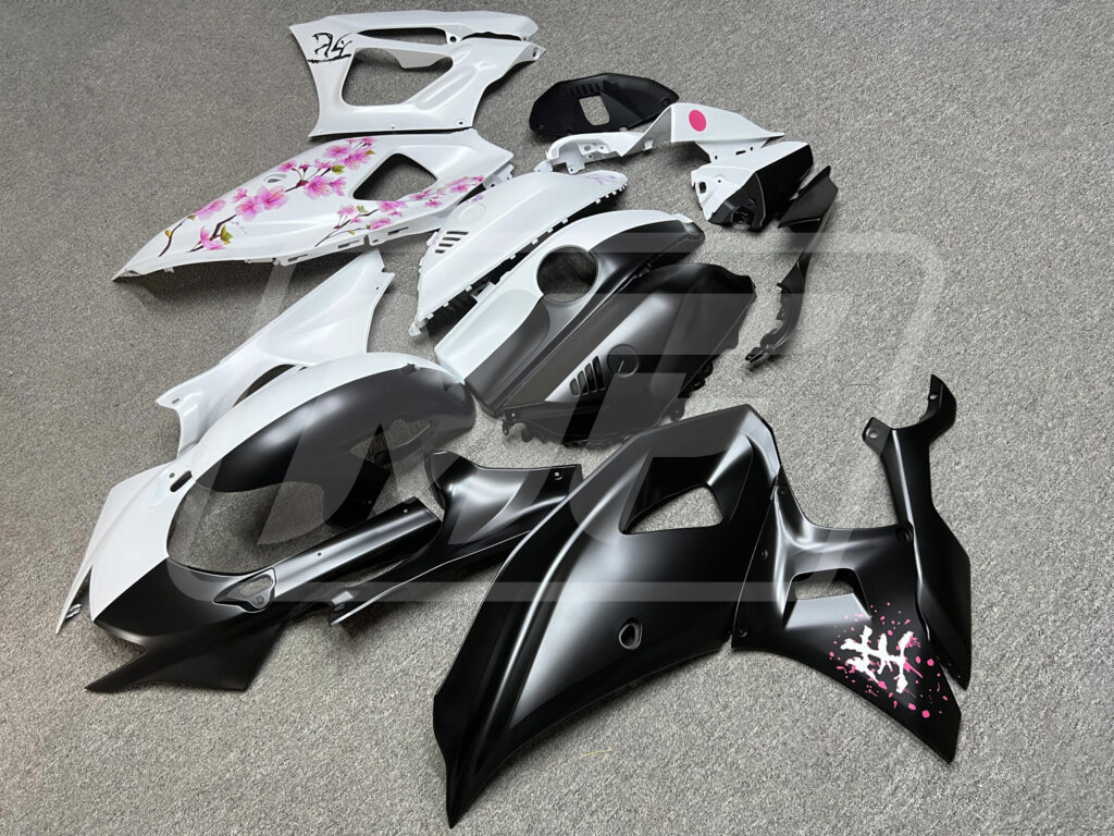 2021 - 2025 Yamaha R7 Matte Black & White Pink Cherry Blossom Split fairing set - ABS injection, custom painted by Monster Fairings