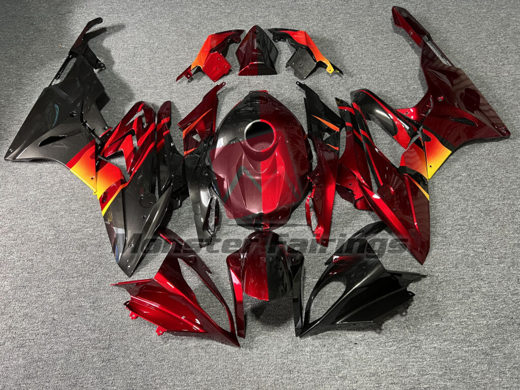 BMW S1000RR 2015 - 2016 Gloss Metallic Black & Candy Red Flames Split ABS fairings - custom motorcycle bodywork kit by Monster Fairings