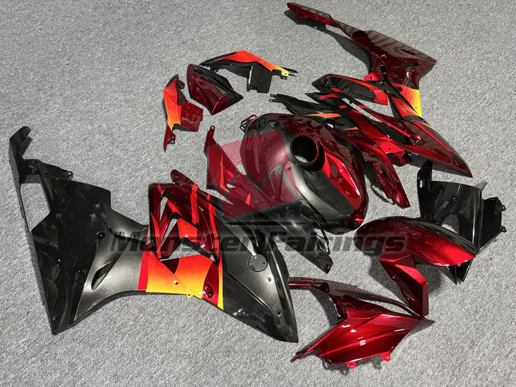 2015 - 2016 BMW S1000RR Gloss Metallic Black & Candy Red Flames Split fairing set - ABS injection, custom painted by Monster Fairings