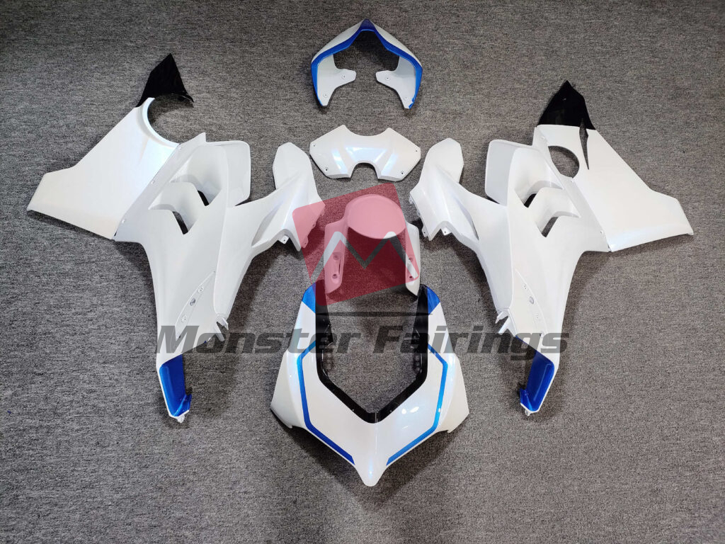 Ducati Panigale V4/V4S 2020 - 2021 Pearl White & Gloss Blue Blue Pearl Flakes ABS fairings - custom motorcycle bodywork kit by Monster Fairings