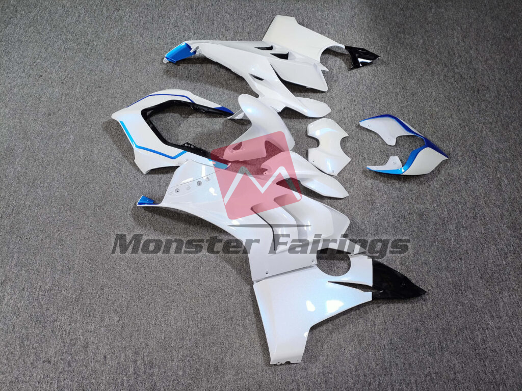 Ducati Panigale V4/V4S custom ABS fairings 2020 - 2021 in Pearl White & Gloss Blue Blue Pearl Flakes - durable replacement kit, Monster Fairings