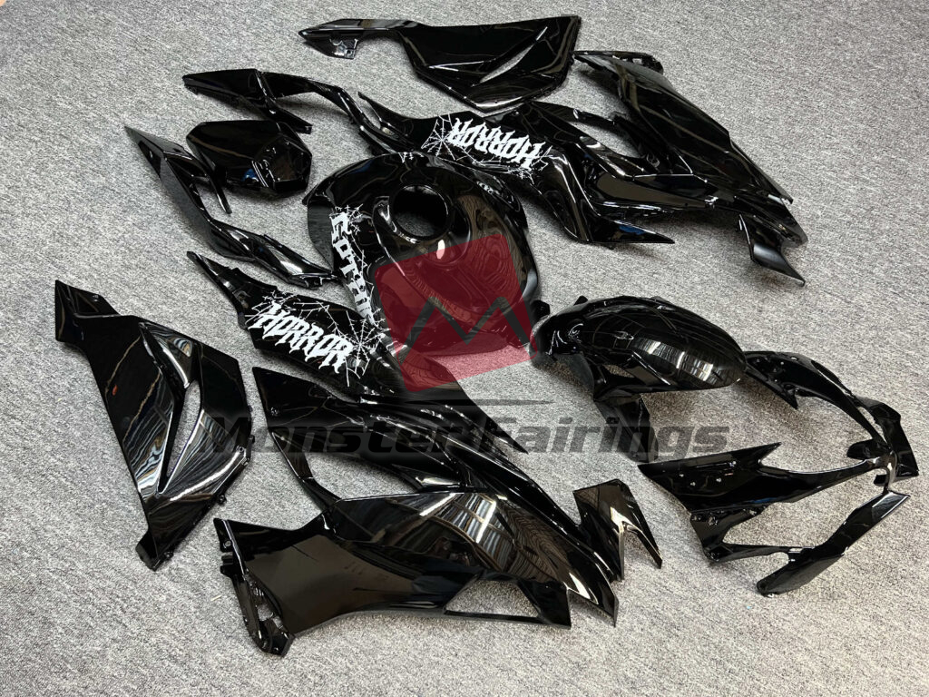 2019 - 2023 Kawasaki ZX6R Gloss Black & White Gothic Horror fairing set - ABS injection, custom painted by Monster Fairings
