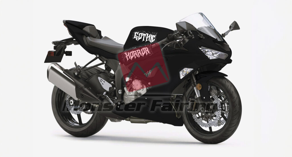 Gloss Black & White Gothic Horror ABS fairings for Kawasaki ZX6R 2019 - 2023 - premium OEM fit kit by Monster Fairings