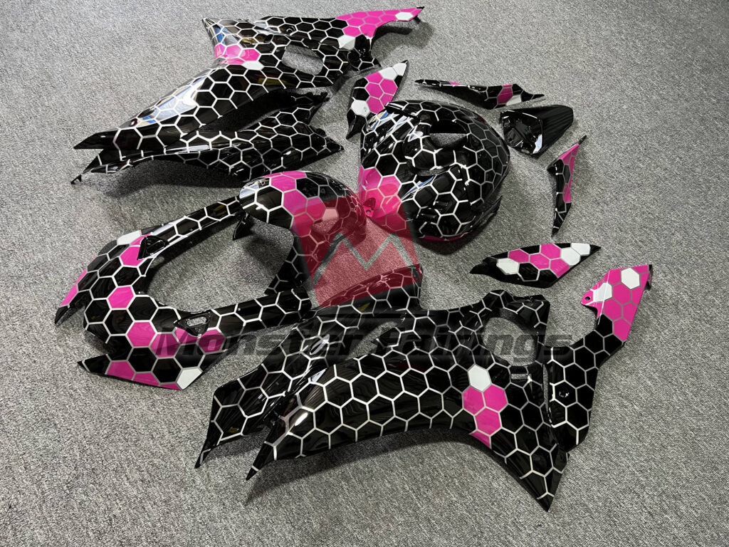 2017 - 2022 Yamaha R6 Gloss Black & White Pink Honeycomb fairing set - ABS injection, custom painted by Monster Fairings