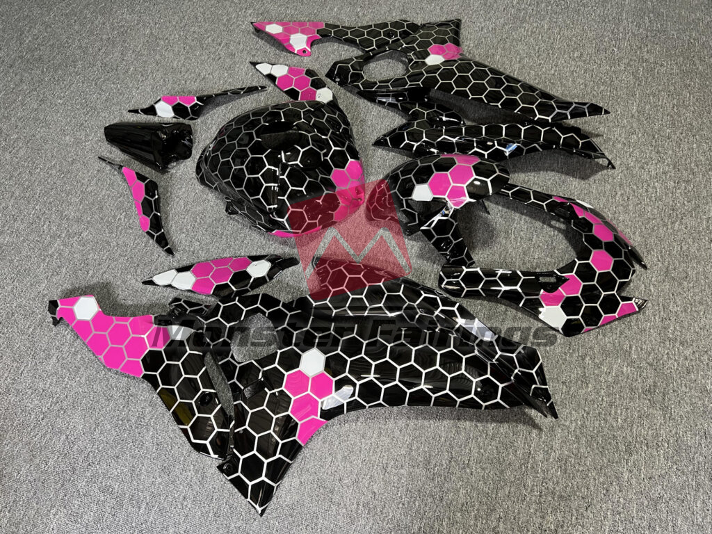 Yamaha R6 custom ABS fairings 2017 - 2022 in Gloss Black & White Pink Honeycomb - durable replacement kit, Monster Fairings