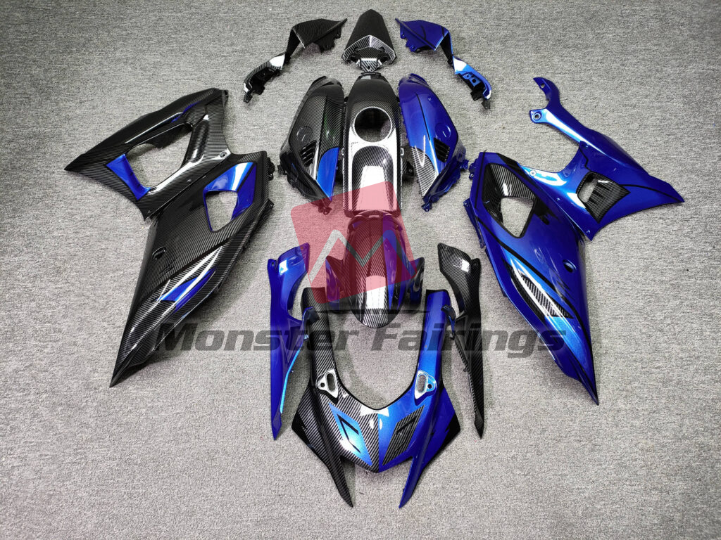Yamaha R7 2021 - 2025 Gloss Carbon Fiber Style & Blue Black Split ABS fairings - custom motorcycle bodywork kit by Monster Fairings