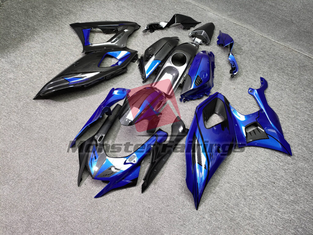 Yamaha R7 2021 - 2025 ABS fairings, Gloss Carbon Fiber Style & Blue Black Split - high - quality motorcycle kit by Monster Fairings