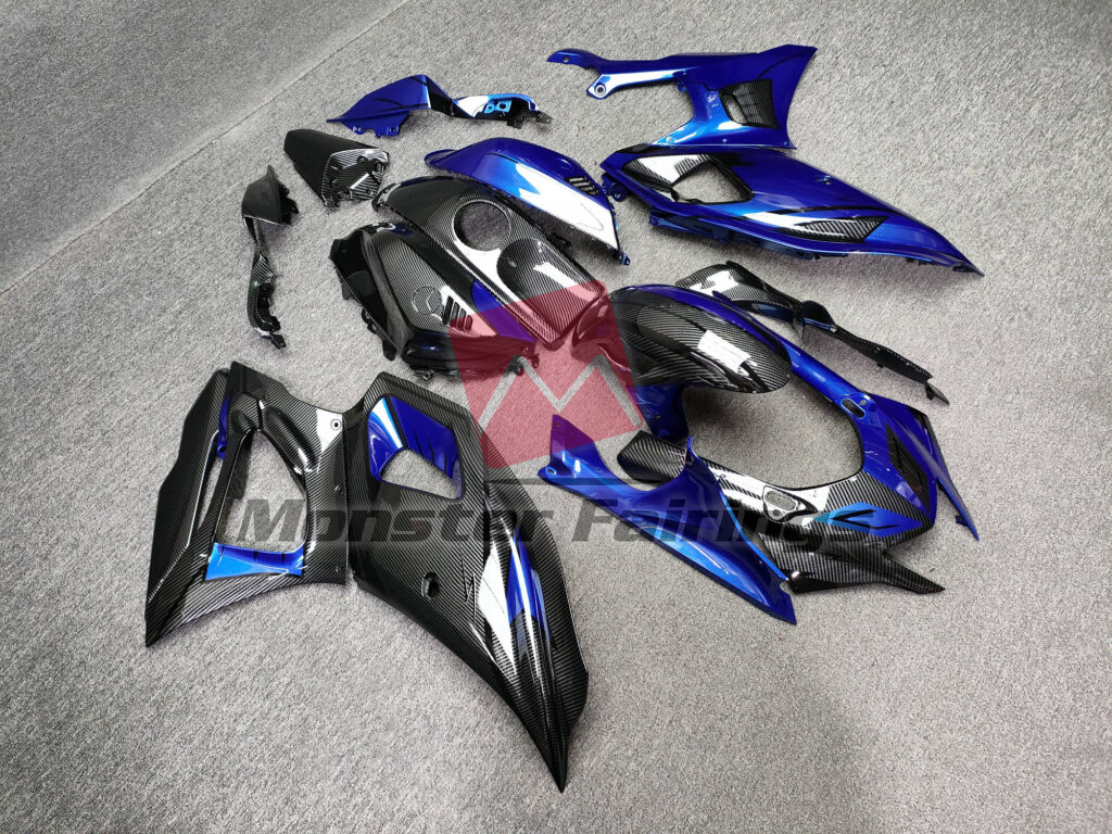 2021 - 2025 Yamaha R7 Gloss Carbon Fiber Style & Blue Black Split fairing set - ABS injection, custom painted by Monster Fairings