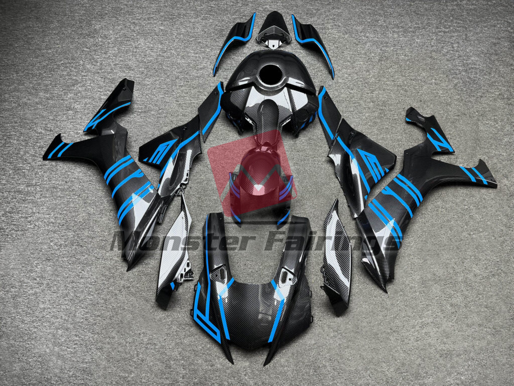 Yamaha R1 2020 - 2025 Gloss Carbon Fiber Style & Blue ABS fairings - custom motorcycle bodywork kit by Monster Fairings