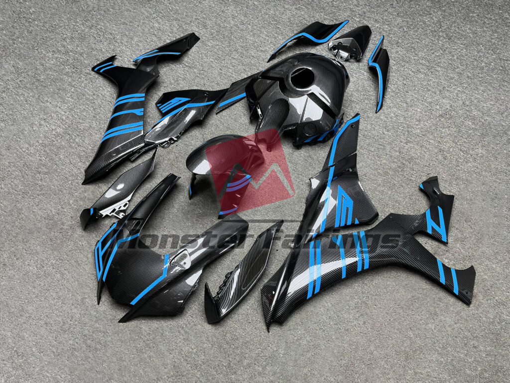 Yamaha R1 custom ABS fairings 2020 - 2025 in Gloss Carbon Fiber Style & Blue - durable replacement kit, Monster Fairings