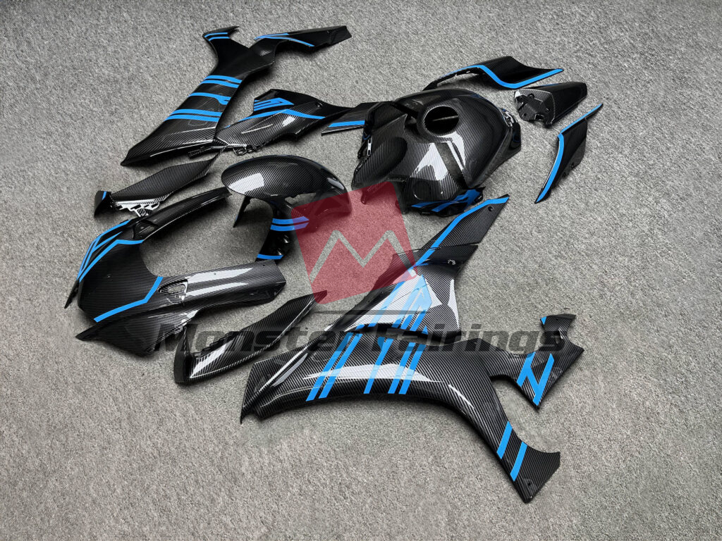 2020 - 2025 Yamaha R1 Gloss Carbon Fiber Style & Blue fairing set - ABS injection, custom painted by Monster Fairings