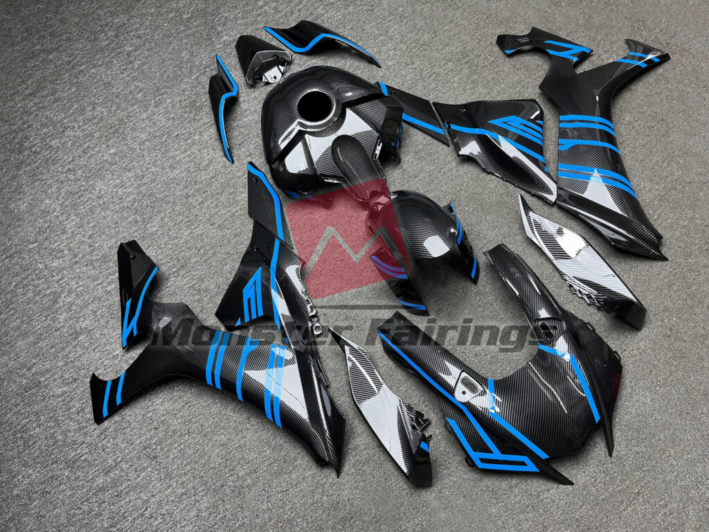 Monster Fairings ABS fairing kit for Yamaha R1 2020 - 2025 - Gloss Carbon Fiber Style & Blue, precise OEM fit