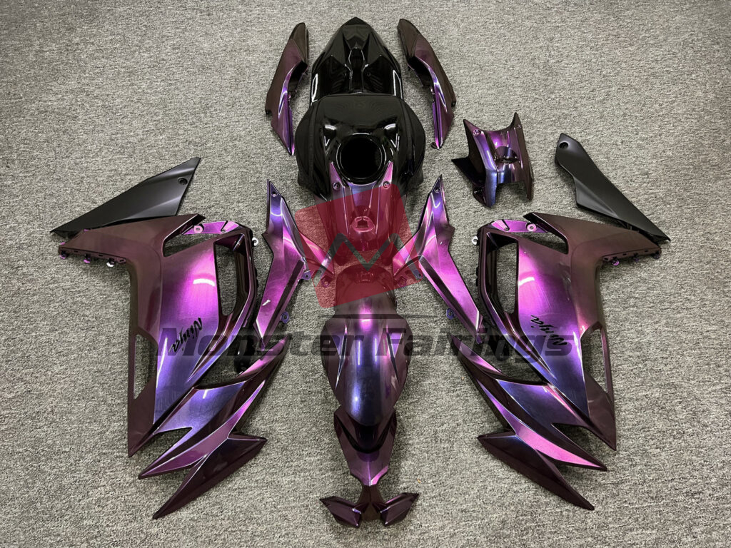Kawasaki Ninja 650R 2020 - 2025 Gloss Pink & Purple Iridescent Black ABS fairings - custom motorcycle bodywork kit by Monster Fairings