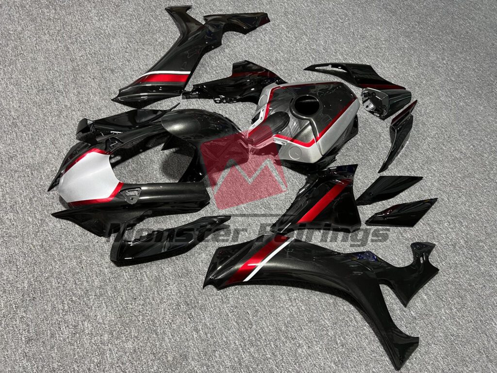 2020 - 2025 Yamaha R1 Gloss Metallic Black Candy Red & Silver fairing set - ABS injection, custom painted by Monster Fairings