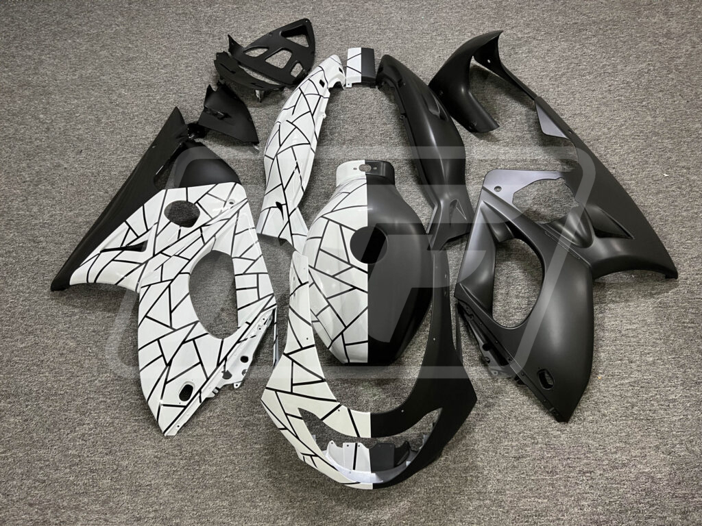 Yamaha Thundercat YZF600R 1997 - 2007 Gloss White & Matte Black Pattern Split ABS fairings - custom motorcycle bodywork kit by Monster Fairings