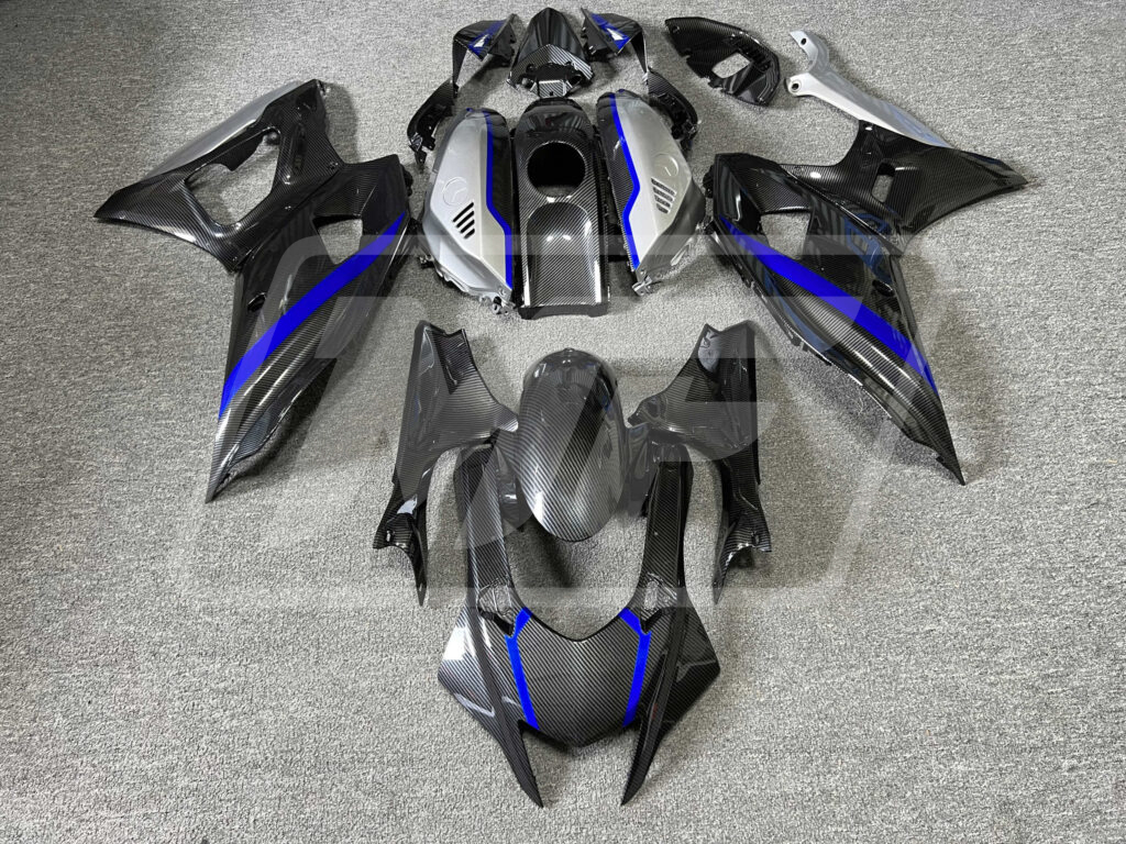Yamaha R7 2021 - 2025 Gloss Carbon Fiber Style Silver & Blue ABS fairings - custom motorcycle bodywork kit by Monster Fairings