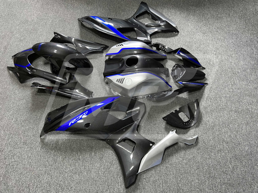 Monster Fairings ABS fairing kit for Yamaha R7 2021 - 2025 - Gloss Carbon Fiber Style Silver & Blue, precise OEM fit