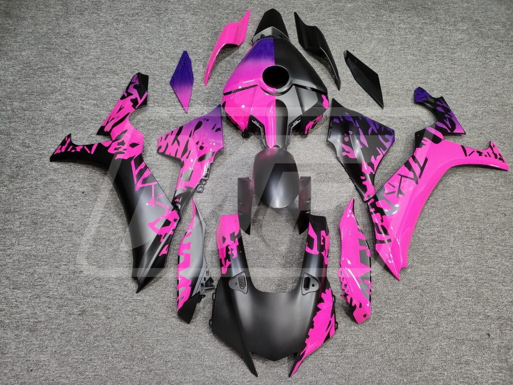 Yamaha R1 2020 - 2025 Matte Black & Pink Purple Shattered Split ABS fairings - custom motorcycle bodywork kit by Monster Fairings