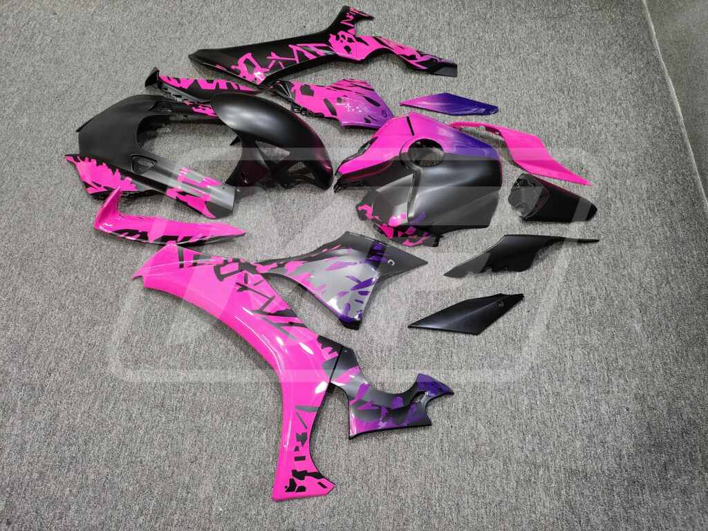 Yamaha R1 custom ABS fairings 2020 - 2025 in Matte Black & Pink Purple Shattered Split - durable replacement kit, Monster Fairings