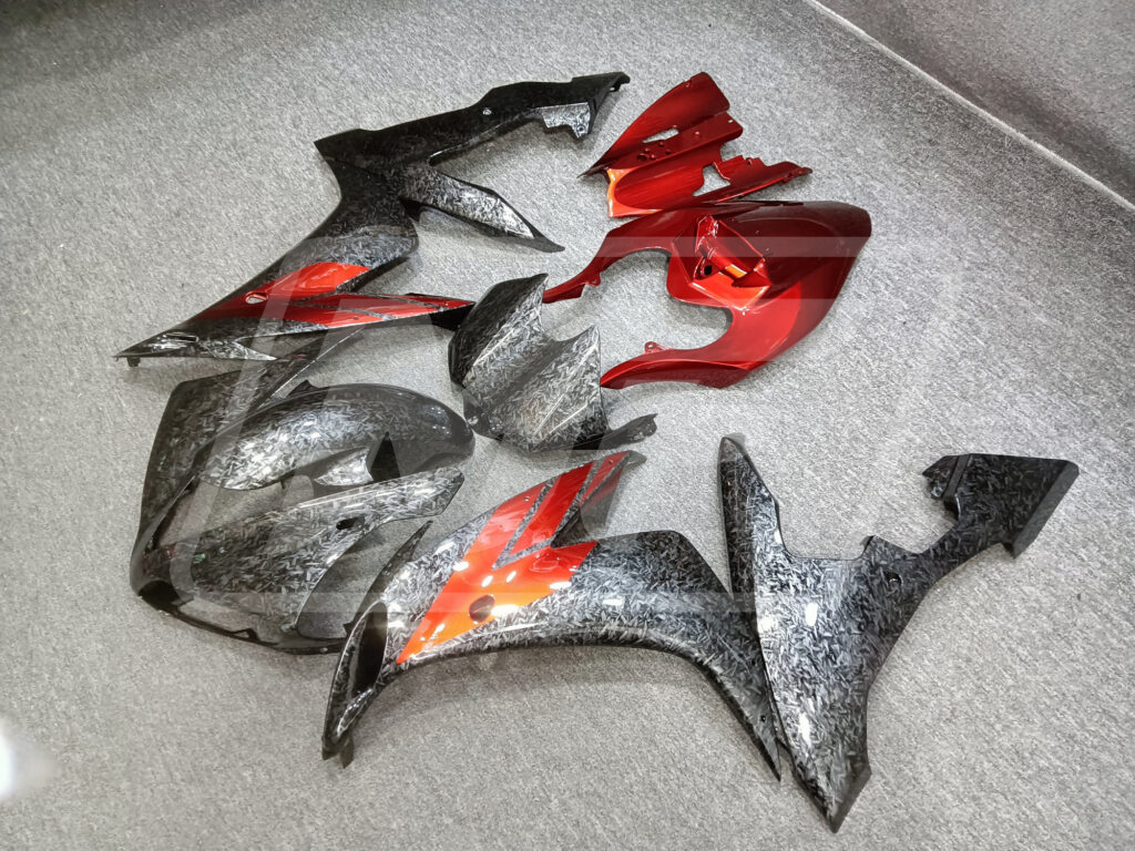 2004 - 2006 Yamaha R1 Gloss Forged Carbon Fiber Style Red fairing set - ABS injection, custom painted by Monster Fairings