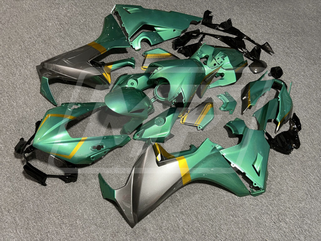 Honda CBR1000RR custom ABS fairings 2017 - 2025 in Gloss Emerald Green & Silver Gold Carbon Fiber Style - durable replacement kit, Monster Fairings