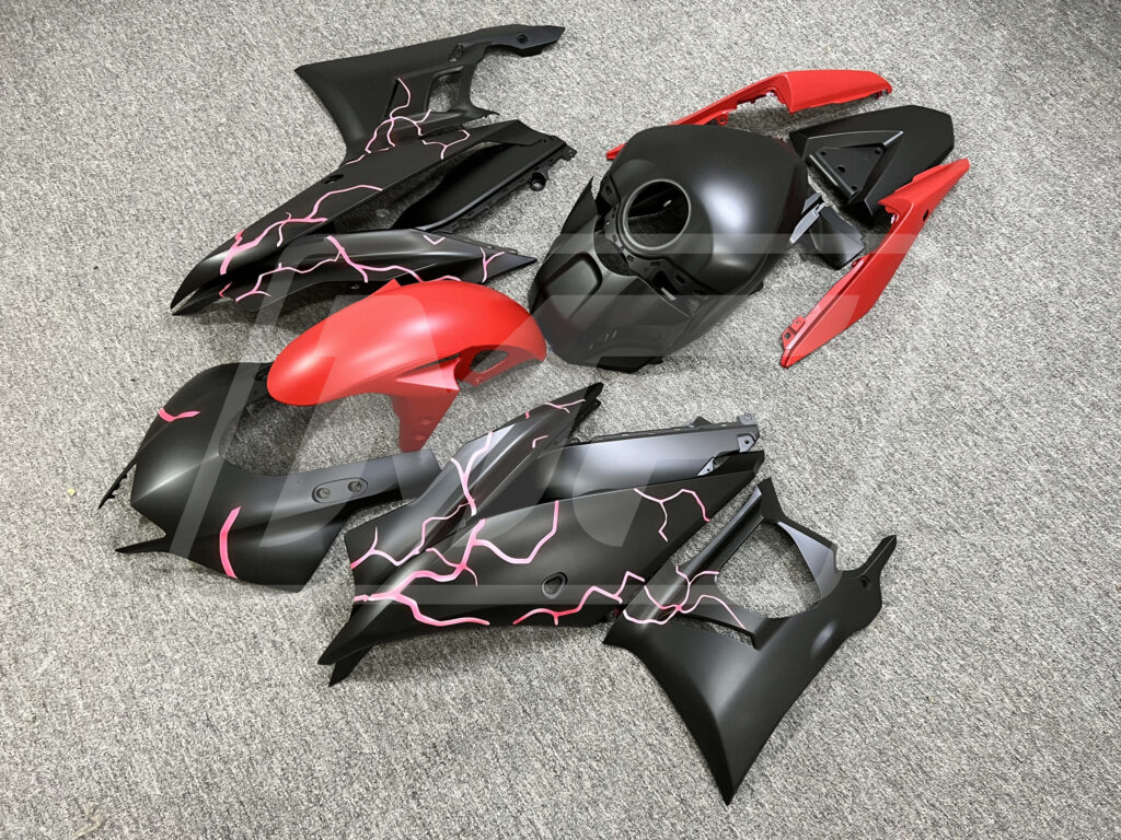 Yamaha R3 custom ABS fairings 2019 - 2021 in Matte Black Red Lightnings - durable replacement kit, Monster Fairings