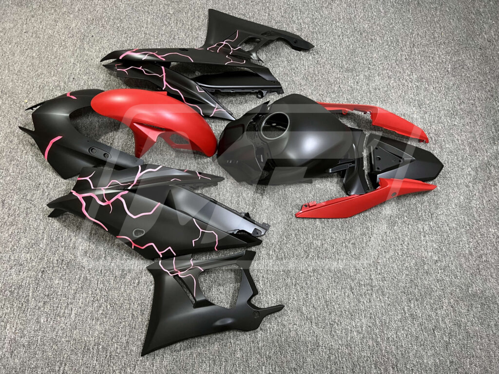 2019 - 2021 Yamaha R3 Matte Black Red Lightnings fairing set - ABS injection, custom painted by Monster Fairings