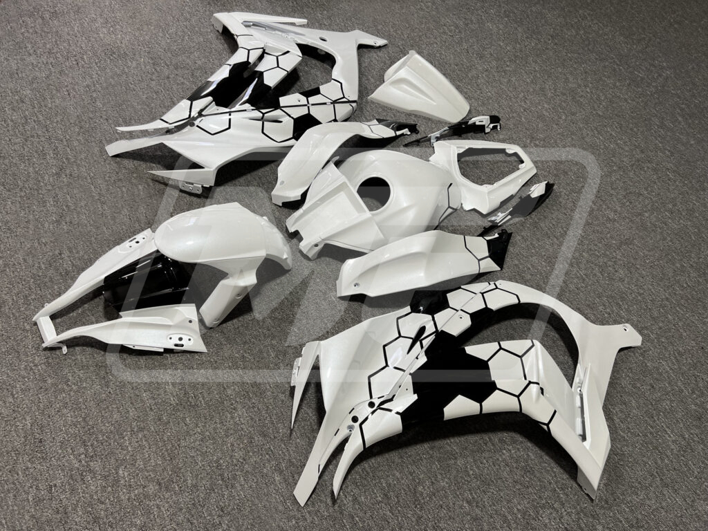 2011 - 2015 Kawasaki ZX10R Pearl White Black Honeycomb fairing set - ABS injection, custom painted by Monster Fairings
