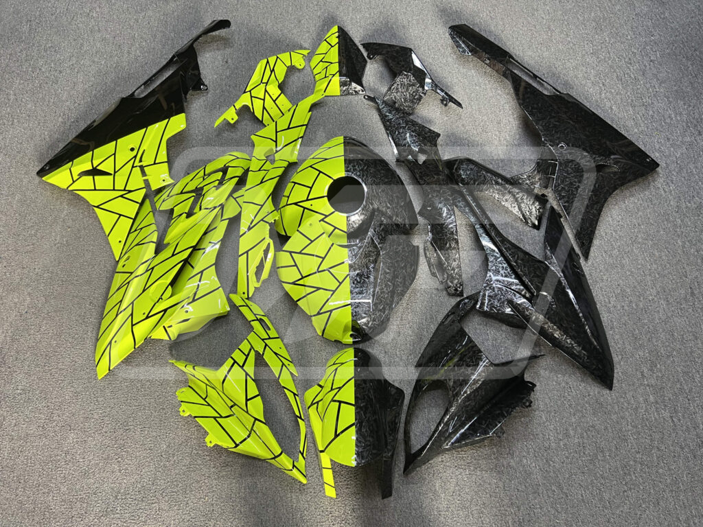 BMW S1000RR 2015 - 2016 Gloss High Vis Yellow & Forged Carbon Fiber Pattern Split ABS fairings - custom motorcycle bodywork kit by Monster Fairings