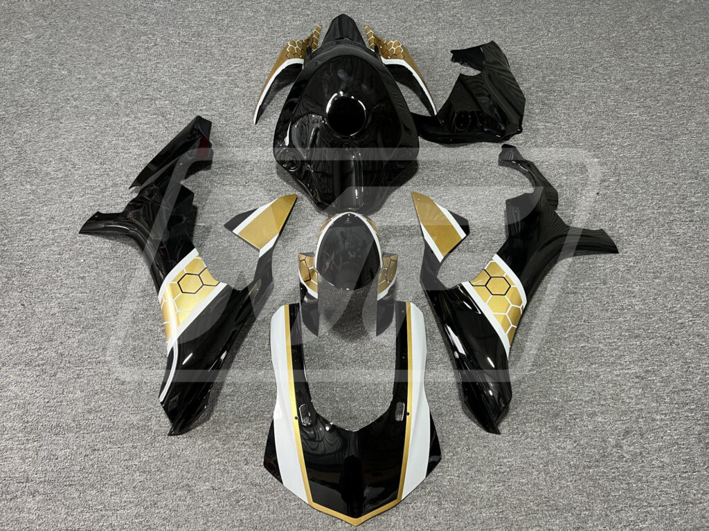 Yamaha R1 2015 - 2019 Gloss Black & Gold White Honeycomb ABS fairings - custom motorcycle bodywork kit by Monster Fairings