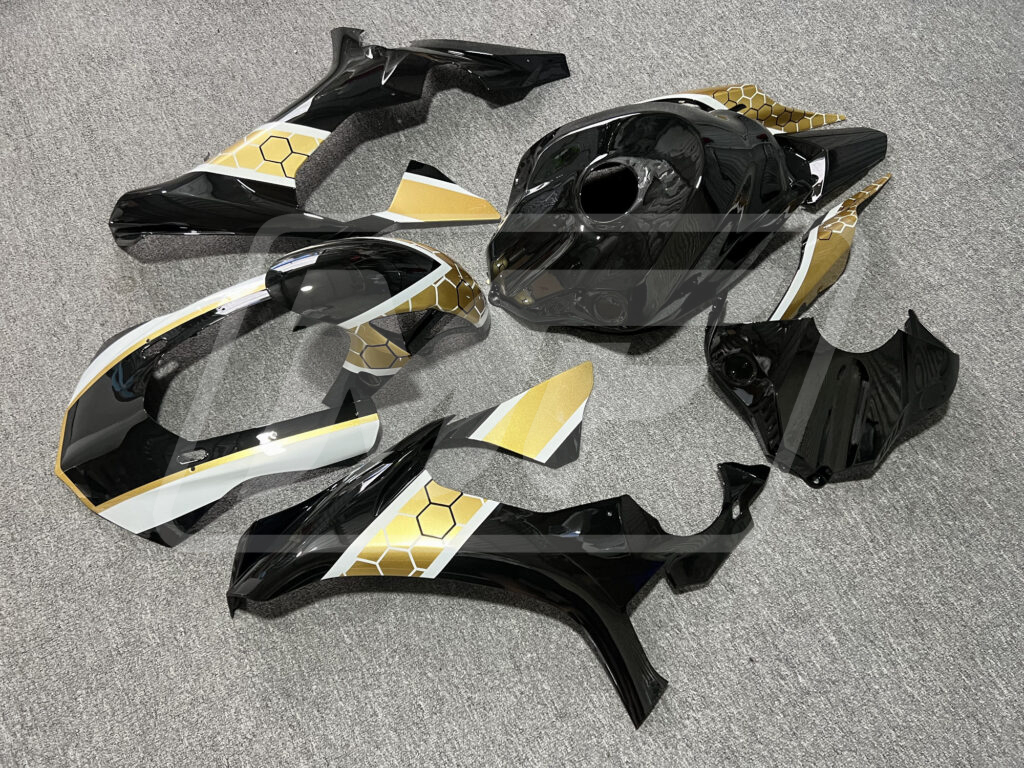 Yamaha R1 custom ABS fairings 2015 - 2019 in Gloss Black & Gold White Honeycomb - durable replacement kit, Monster Fairings