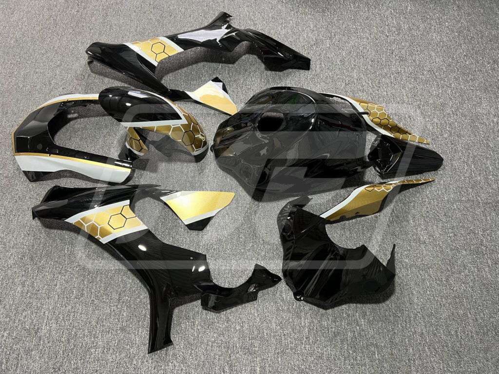 2015 - 2019 Yamaha R1 Gloss Black & Gold White Honeycomb fairing set - ABS injection, custom painted by Monster Fairings