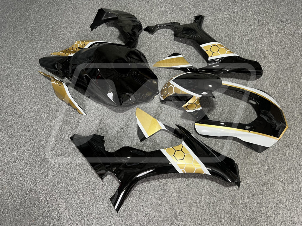 Monster Fairings ABS fairing kit for Yamaha R1 2015 - 2019 - Gloss Black & Gold White Honeycomb, precise OEM fit