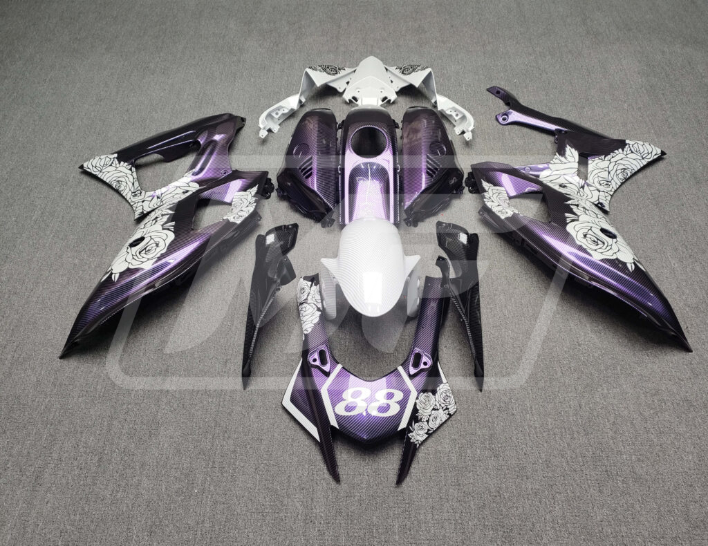 Yamaha R7 2021 - 2025 Gloss Purple Chameleon Carbon Fiber Style & White Roses ABS fairings - custom motorcycle bodywork kit by Monster Fairings