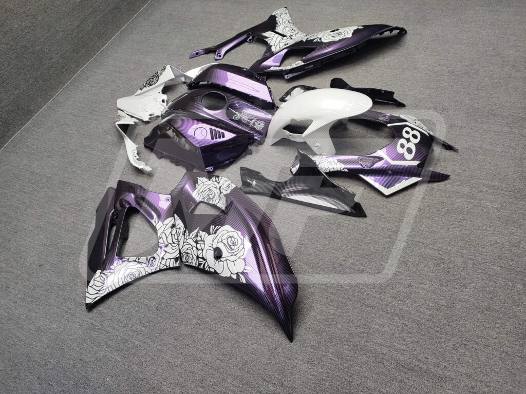 Yamaha R7 custom ABS fairings 2021 - 2025 in Gloss Purple Chameleon Carbon Fiber Style & White Roses - durable replacement kit, Monster Fairings